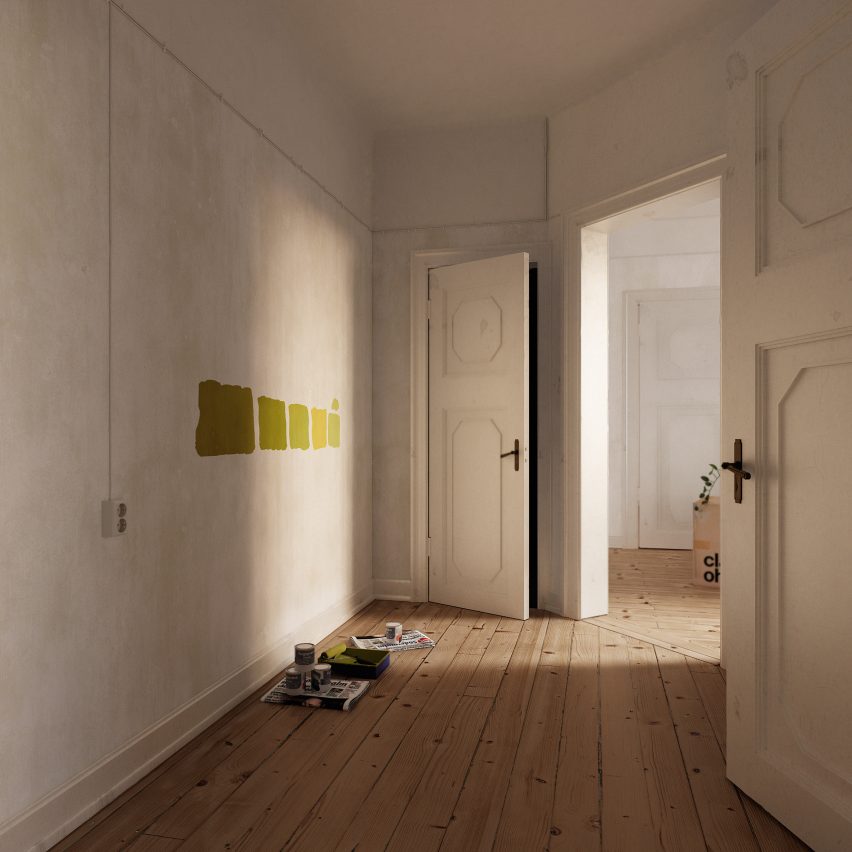 A rendering of a hallway with paint samples on the walls in Uncanny Spaces interior by Christopher Jansson
