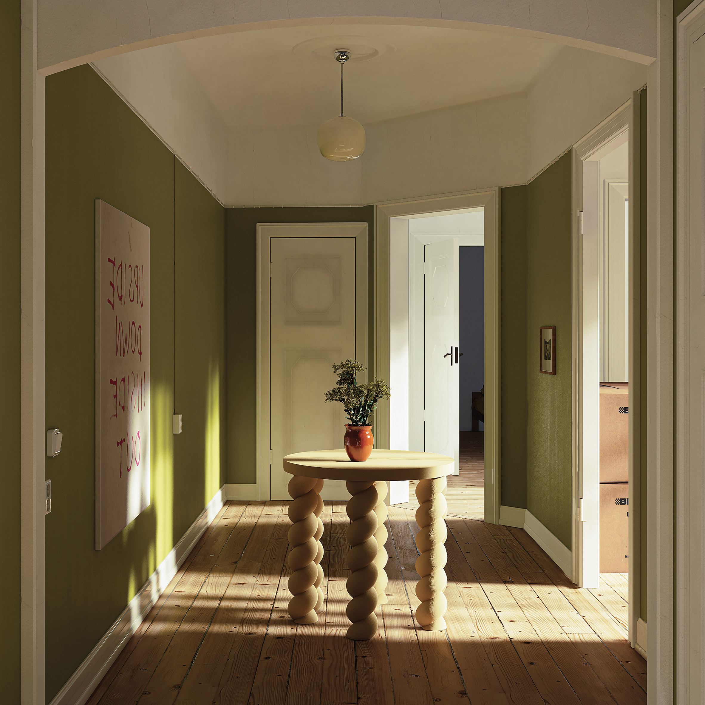 Render of a green hallway in Uncanny Spaces interior by Christoffer Jansson