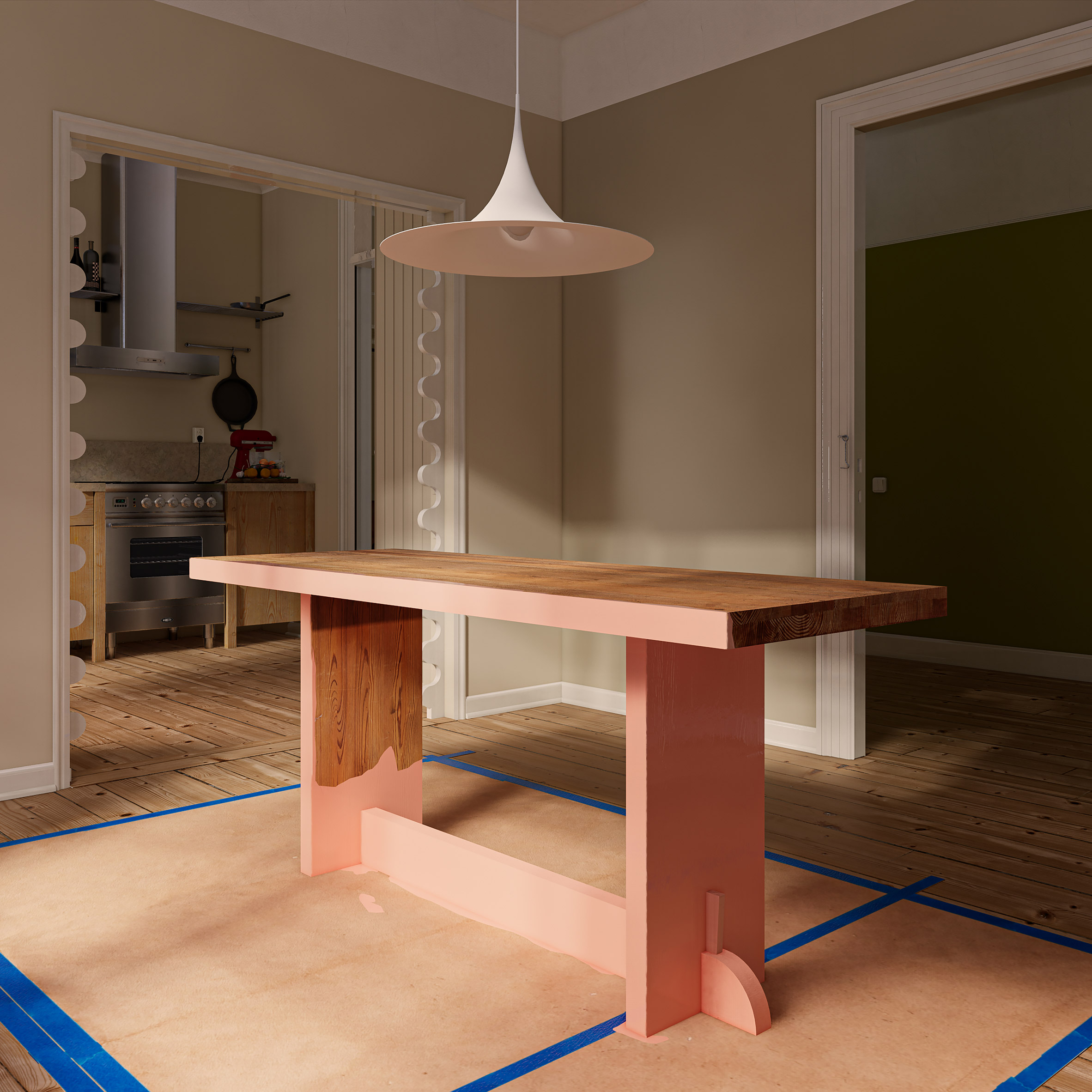 Render of wooden table painted half pink 