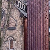 copper clad elevator on gothic building