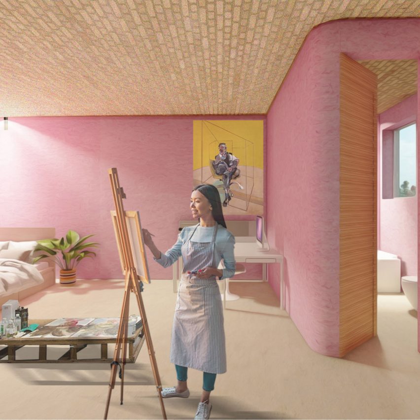 Render of a room featuring pink walls