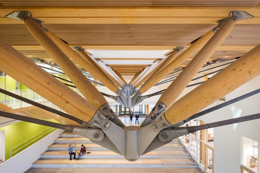 Timber-steel structure inside John W Olver Design Building in Massachusetts