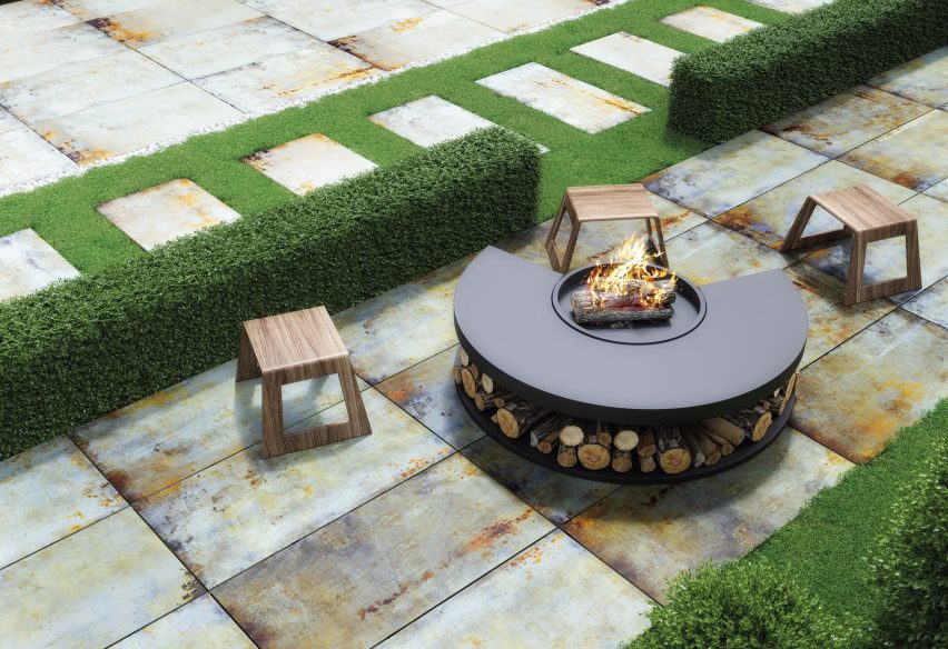 Rustic Lamiere tiles covering an outdoor area with a firepit