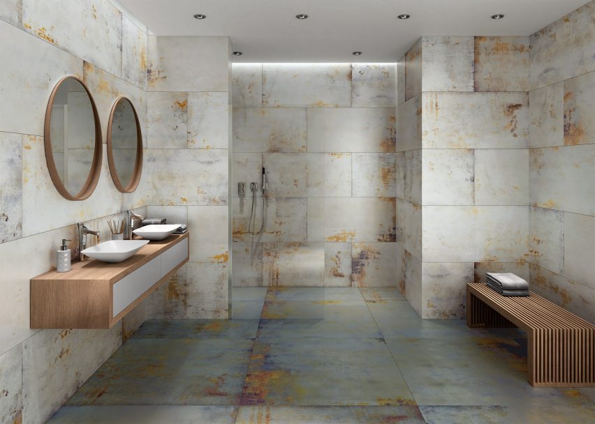 Lamiere floor tiles by Apavisa cladding the walls and floors of a bathroom