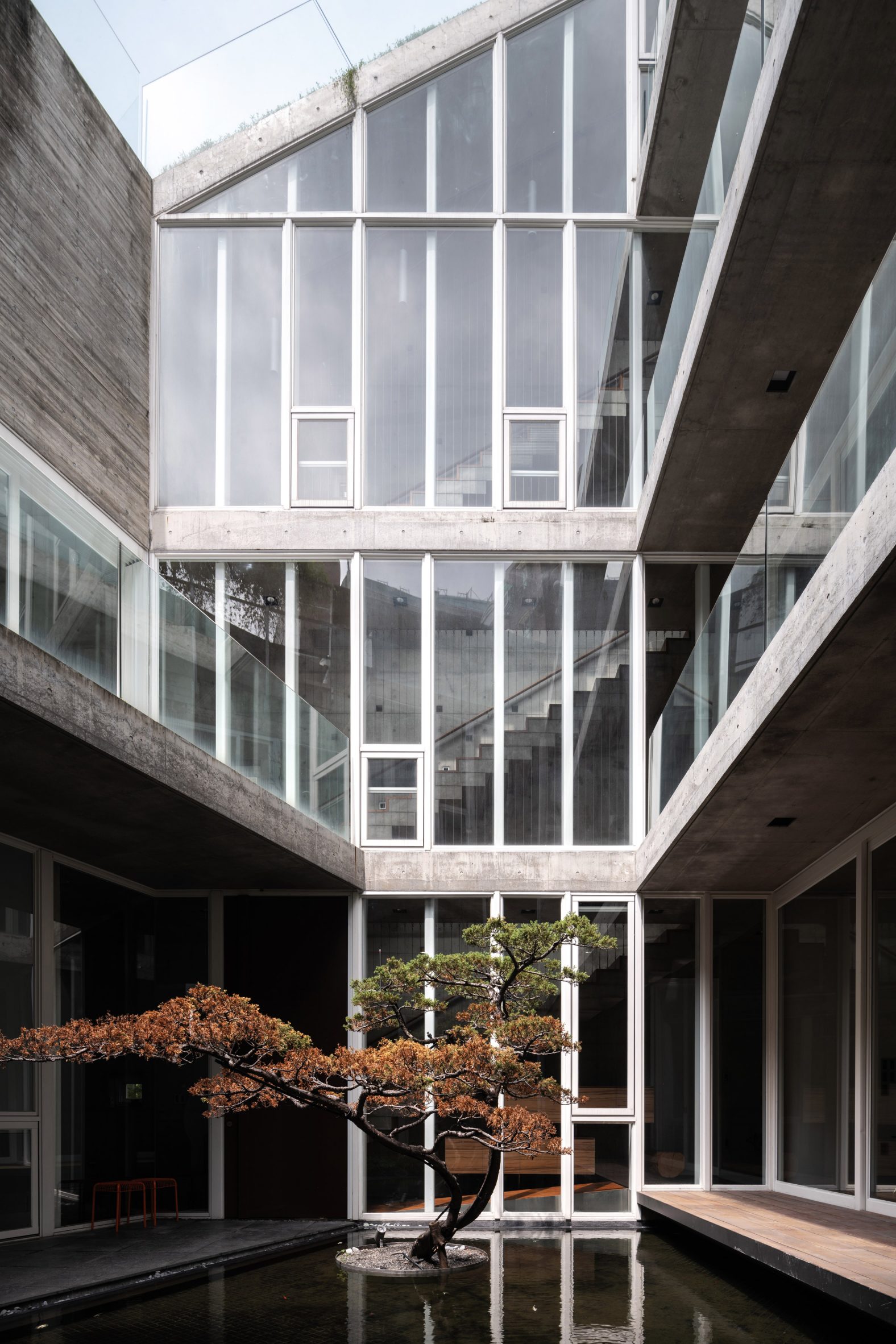 Glazed walls of a concrete building with an outdoor courtyard at the centre