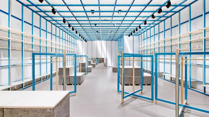 ON-OFF store in Milan features gridded blue interior by Francesca Perani and Bloomscape