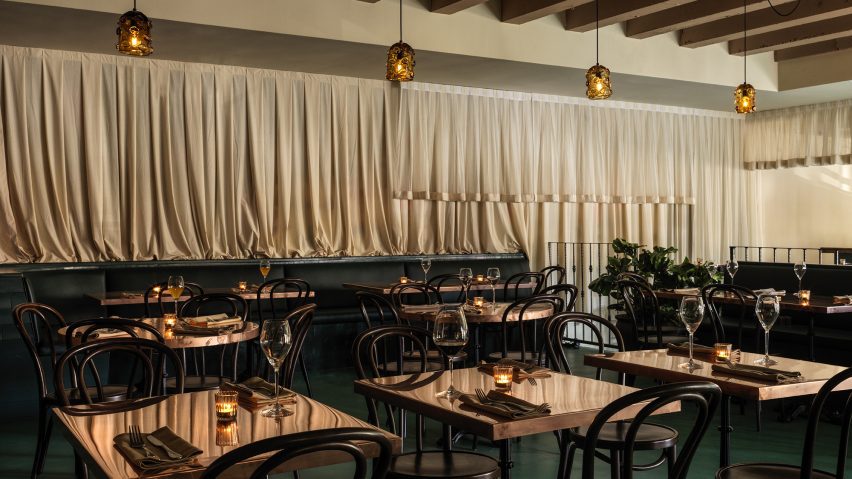 Long curtain across the wall inside a Pasadena restaurant