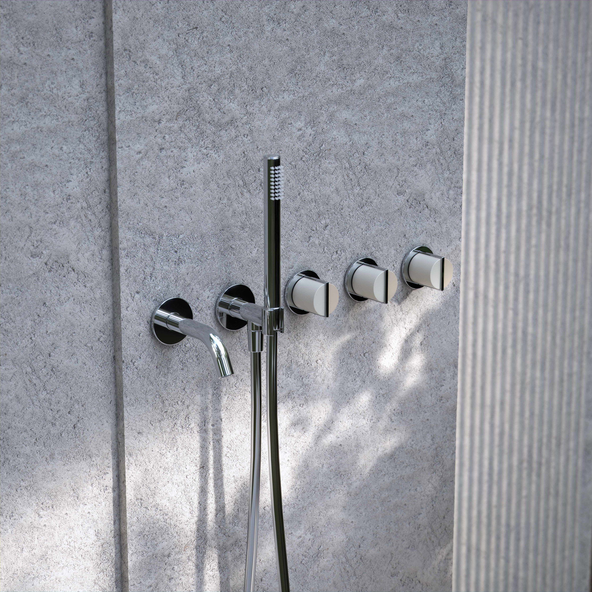 Wall-mounted metallic shower tap, shower head and handles