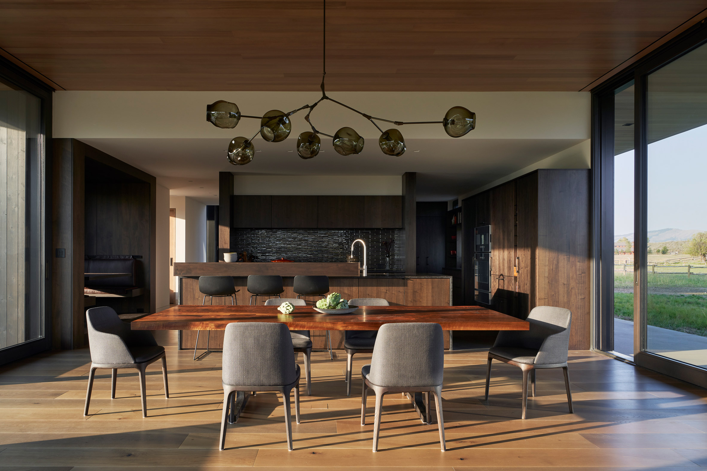 Wood-lined dining space within Black Fox Ranch in Wyoming