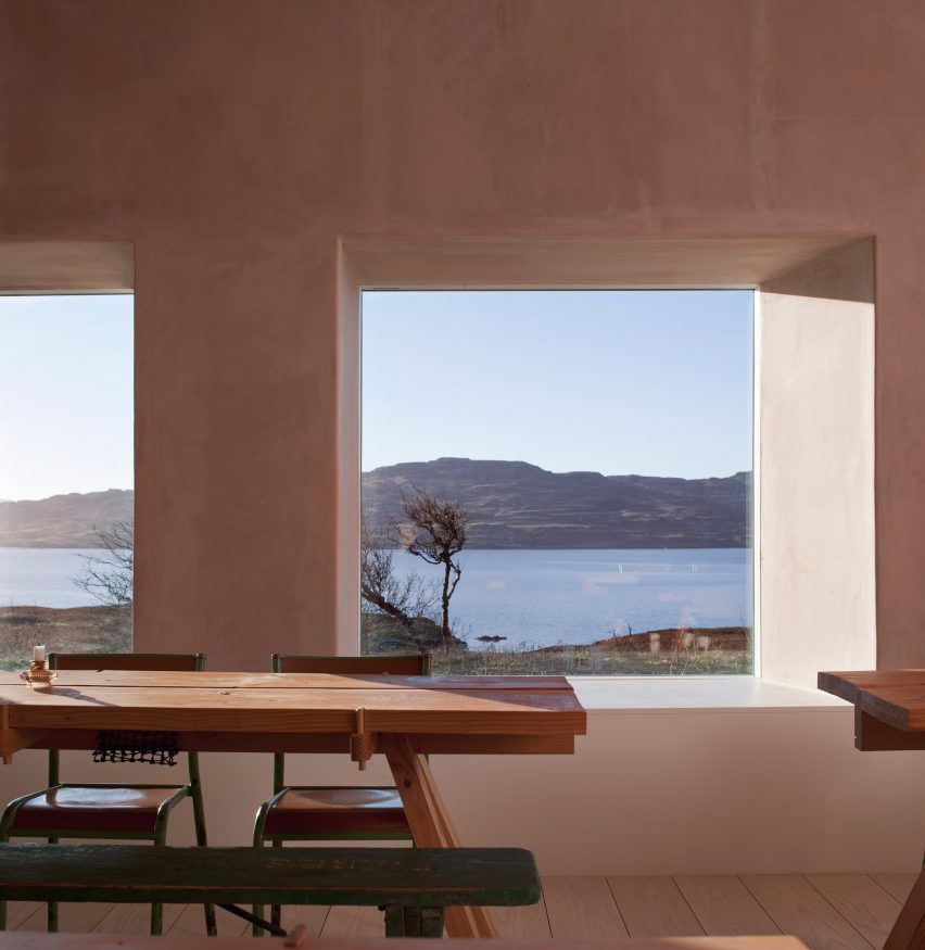 Rectilinear windows overlooking Loch Tuath bay from the restaurant
