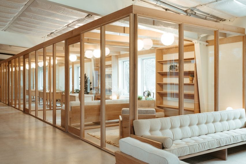 Modular offices with timber frames and glass walls