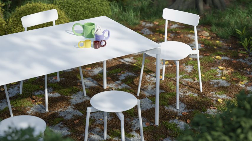White Fromme outdoor collection by Tom Chung for Petite Friture in a garden