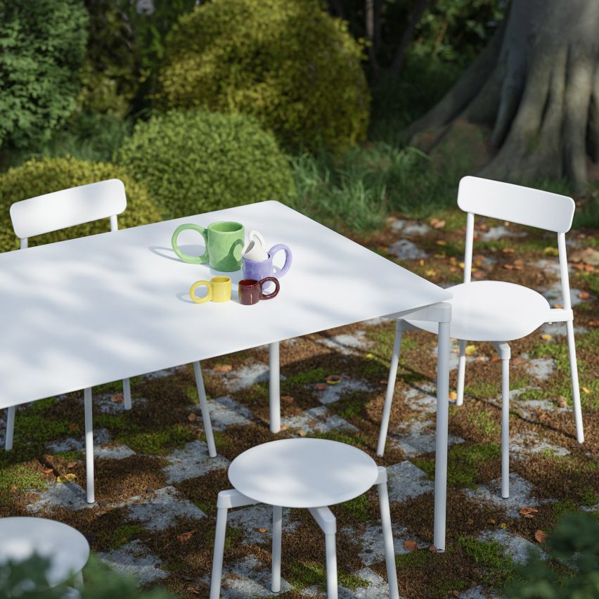White Fromme outdoor collection by Tom Chung for Petite Friture in a garden