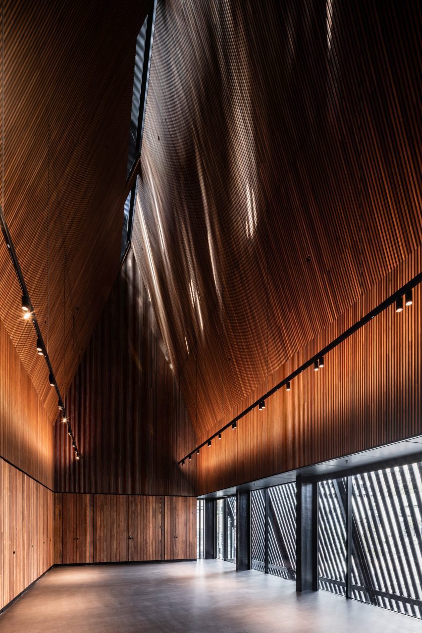 Wood-lined interior of the Sydney Plaza & Community Building