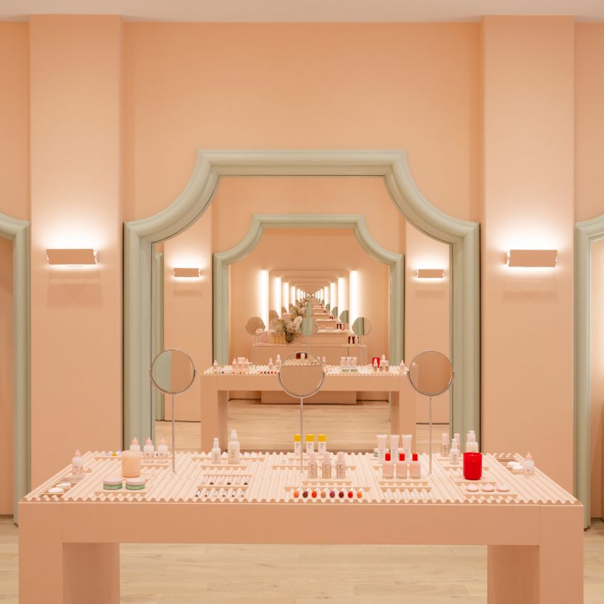 Glossier Boston store features pastel green mouldings Designlab