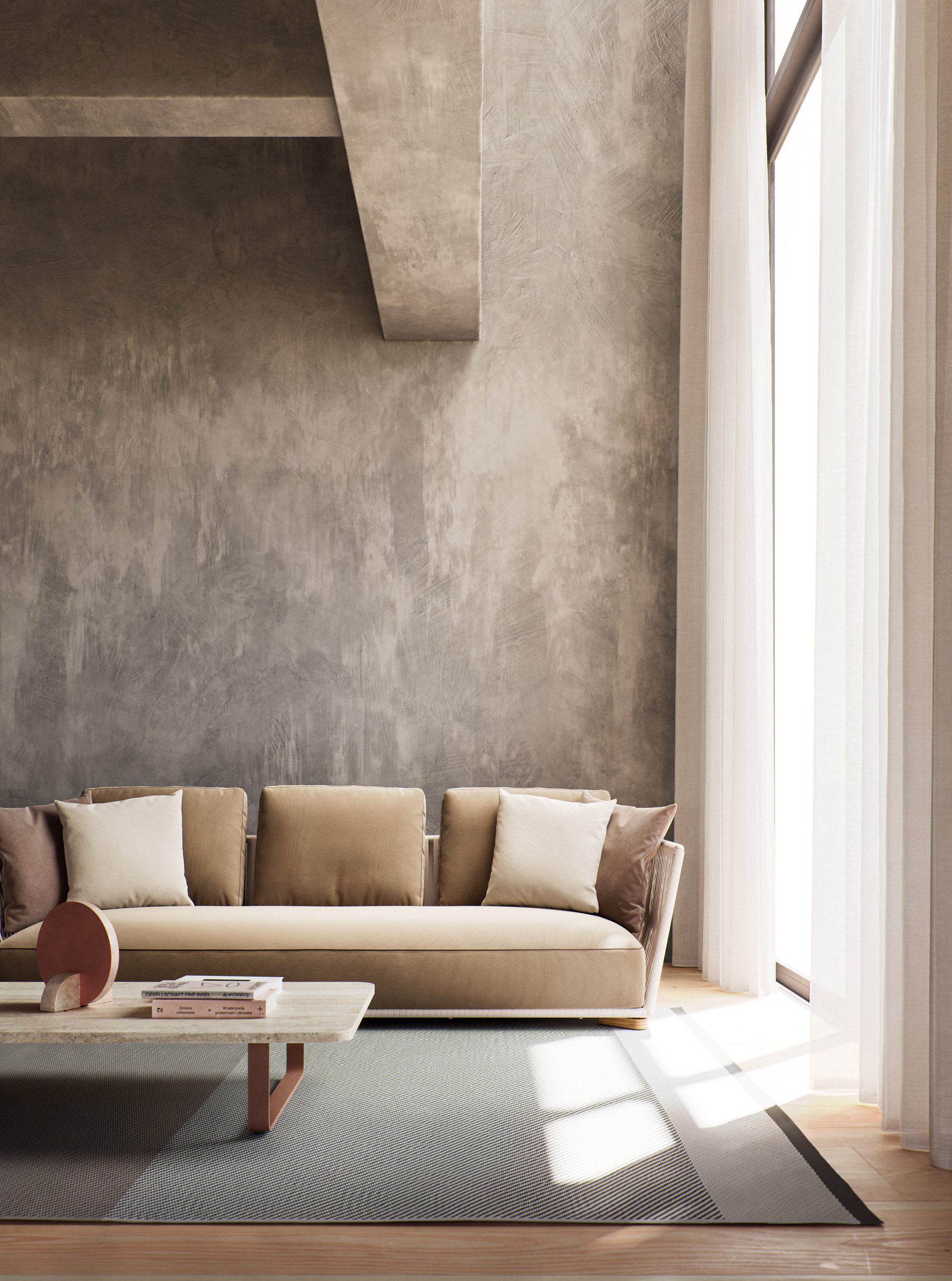 Beige sofa in high-ceilinged room