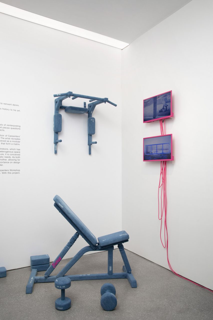 Fitness equipment clad in denim at the Carpenters Workshop Gallery