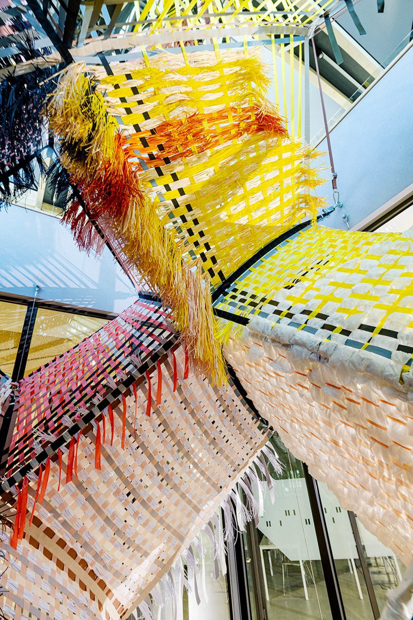 Multi-coloured Loom Room woven installation