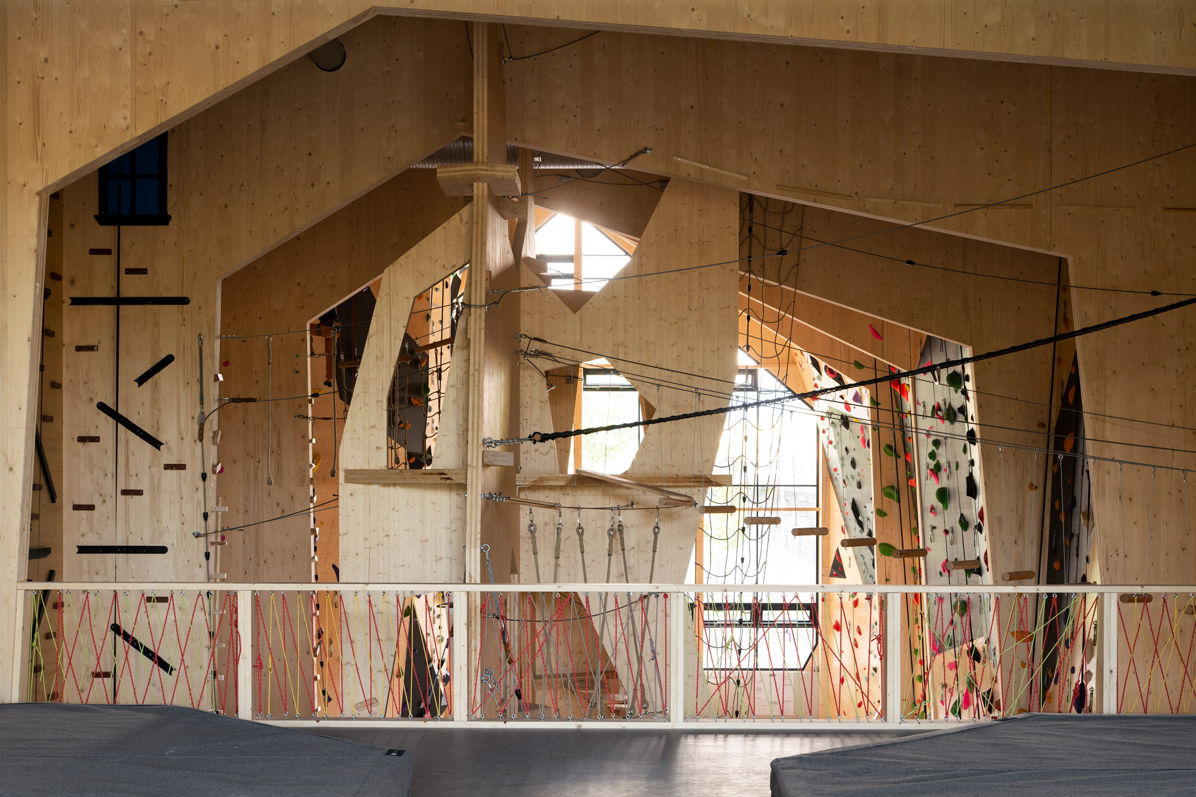 Mezzanine inside wooden climbing centre in Norway
