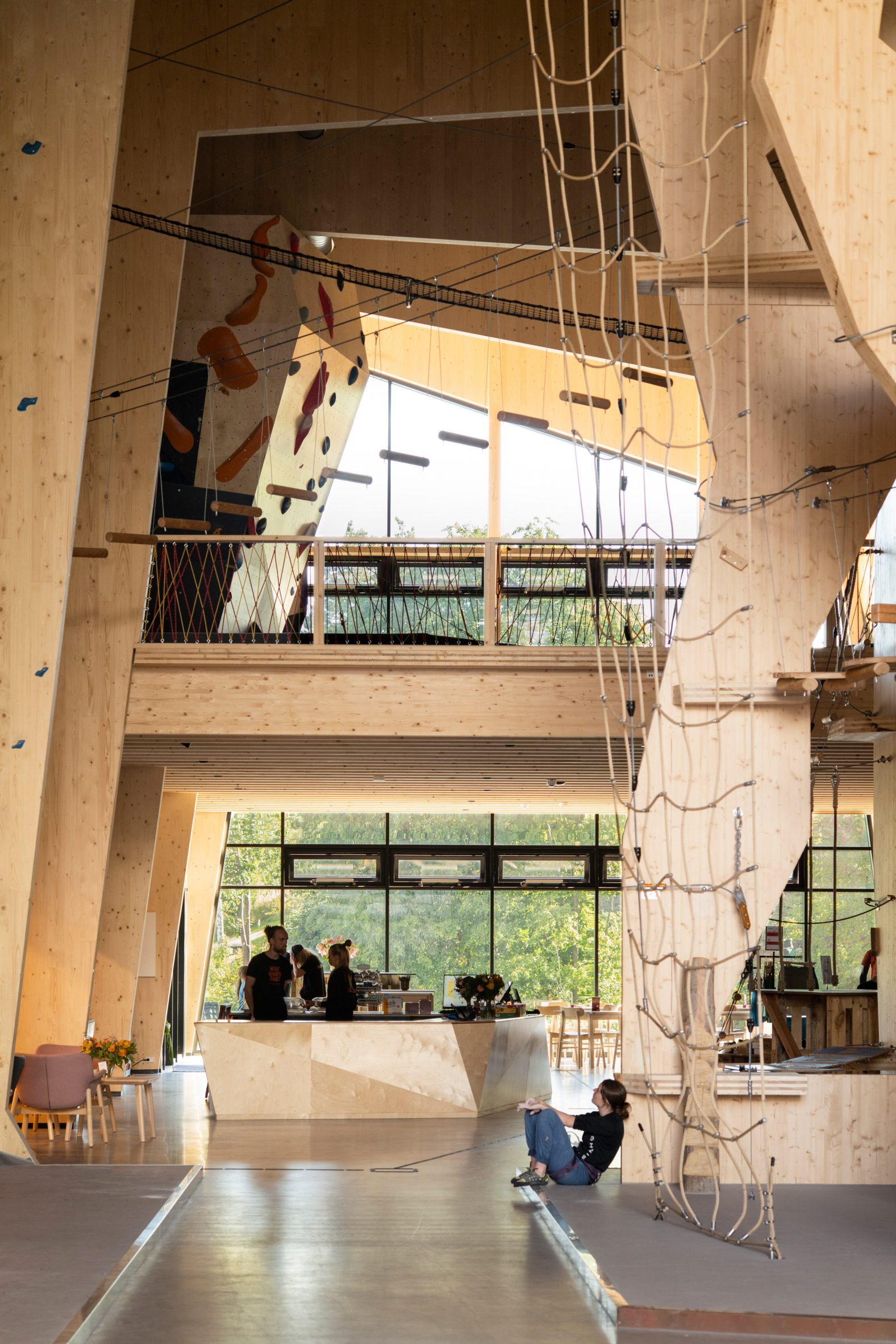 Interior of wooden climbing centre in Norway