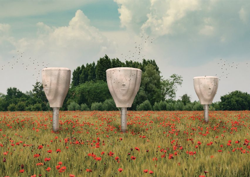 Visualisation showing three beehives in field of poppies