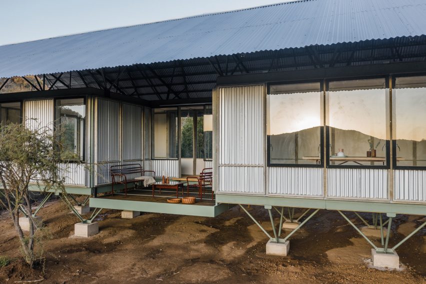Corrugated metal plates clad the elevated housing prototype by Ignacio Rojas Hirigoyen