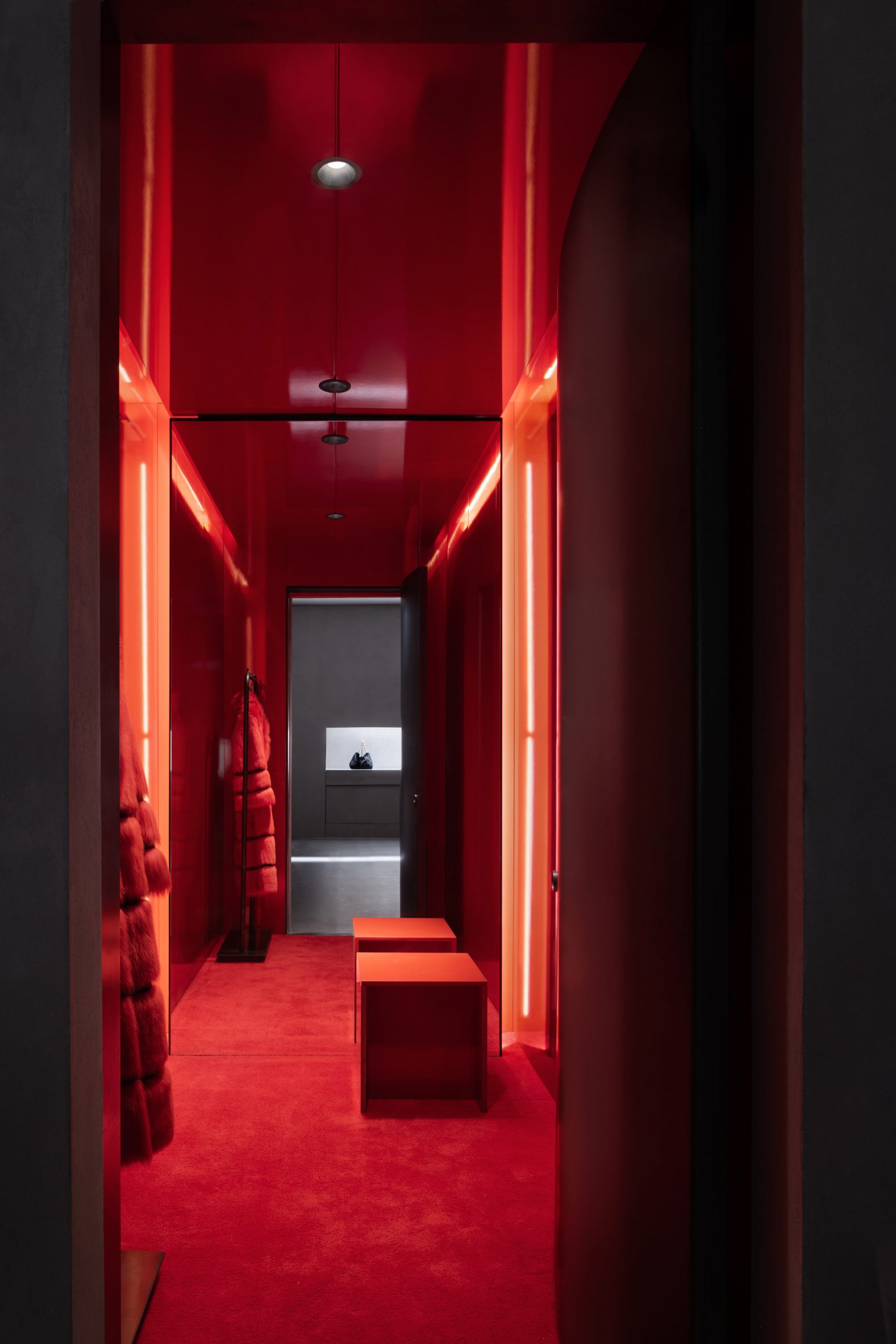 Interior image of a red fitting room