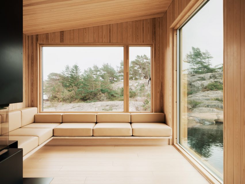 Interior of wooden cabin in Norway by Line Solgaard Arkitekter