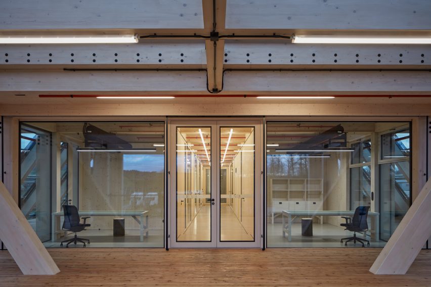 Interior of timber building by Mjölk Architekti 