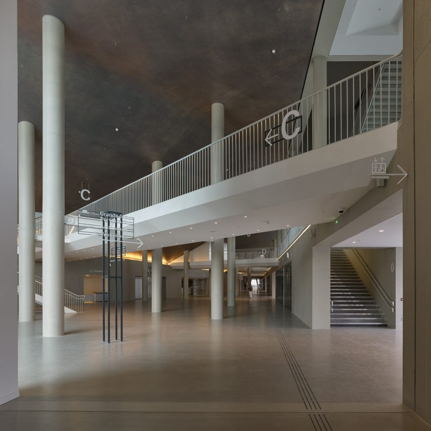 Concrete interior of Shigeru Ban's La Seine Musicale complex