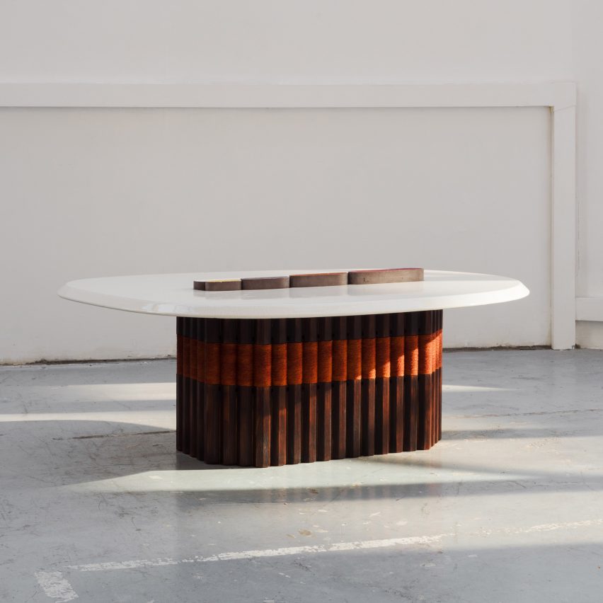 Lava coffee table by Matand with cedar wood base and white tabletop