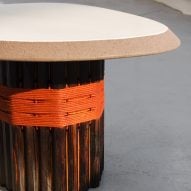 Lava coffee table by Matand with cedar wood base and white tabletop