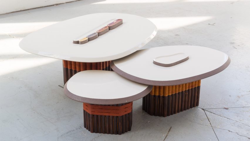 Three Lava coffee tables by Matand with cedar wood base and white tabletop