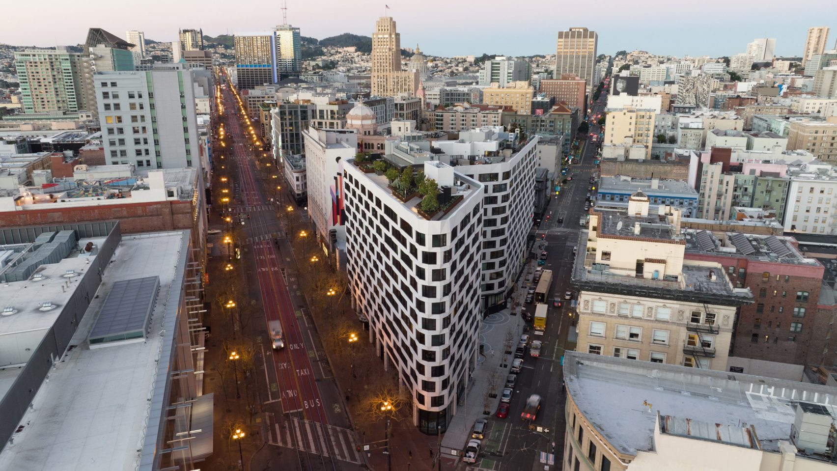 Faceted panels wrap Line Hotel and Serif building in San Francisco