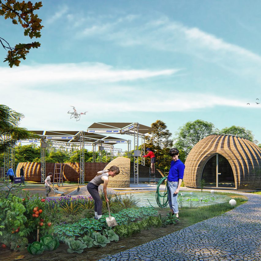 Render of a garden with people planting and curved huts in the background