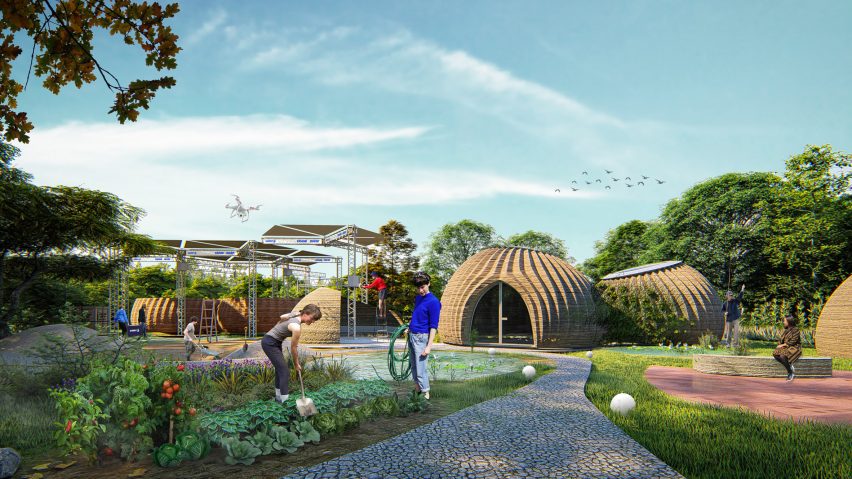 Render of a communal garden with people tending to the plants and wooden hut structures