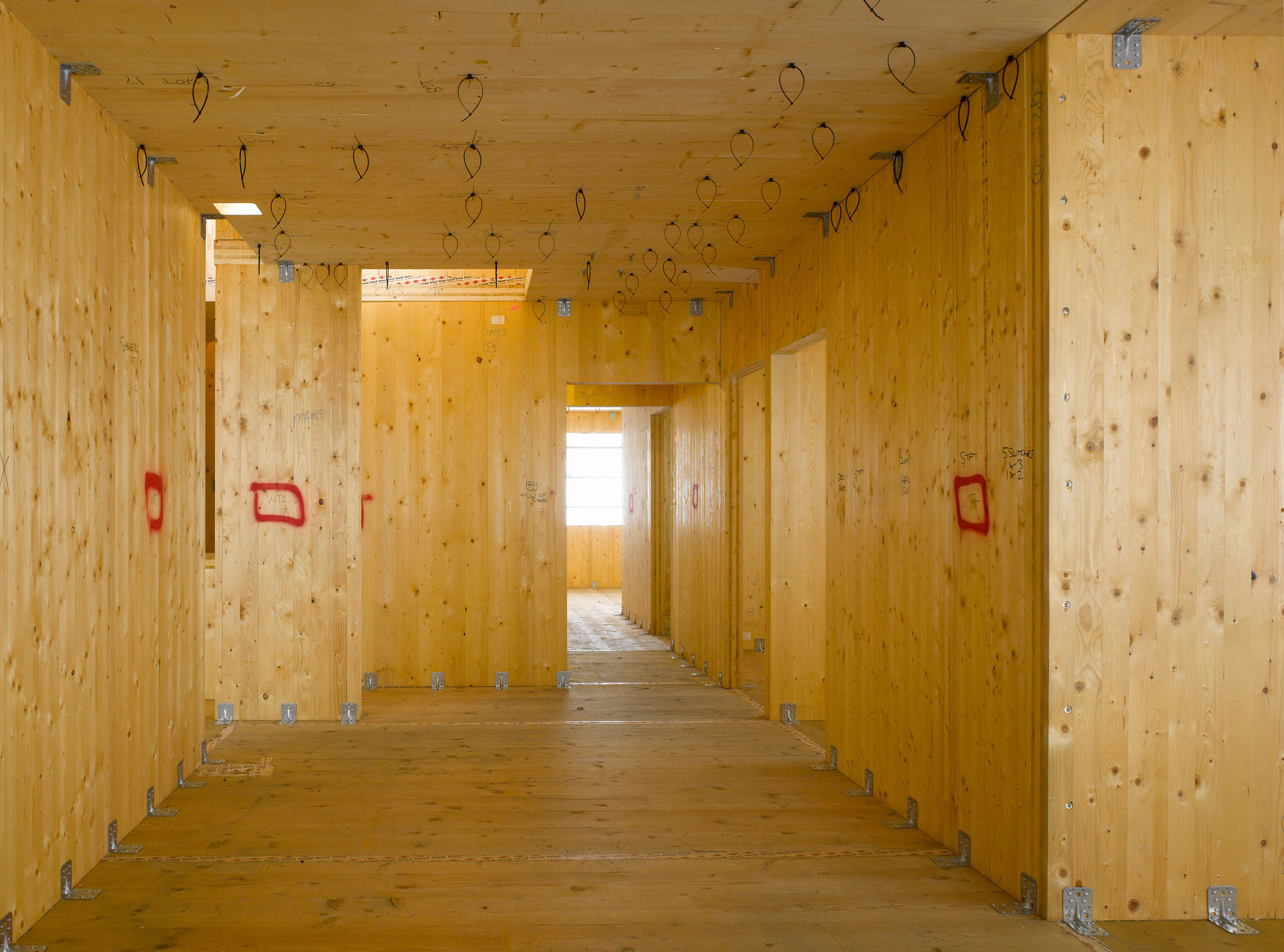 Exposed cross-laminated timber inside Stadthaus by Waugh Thistleton