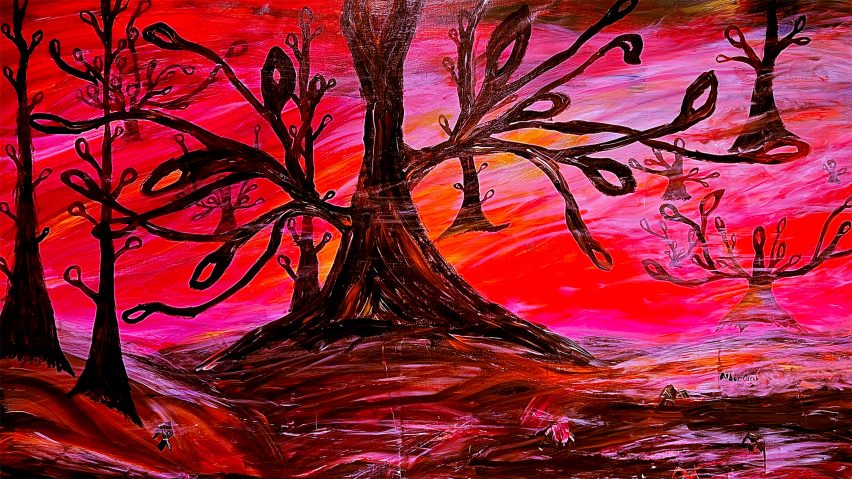Painting of tree in front of pink background