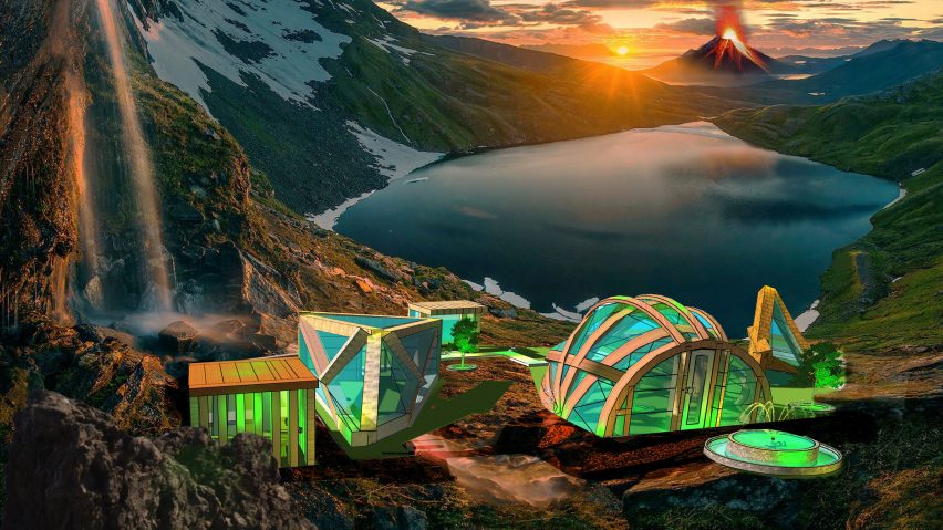 Visualisation showing glowing green cluster of buildings in mountain range