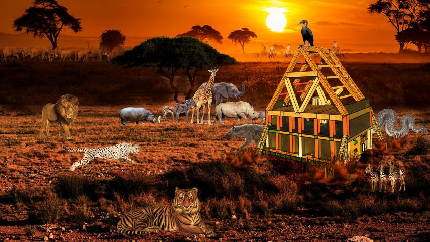 Visualisation showing building in a savannah with wildlife around it