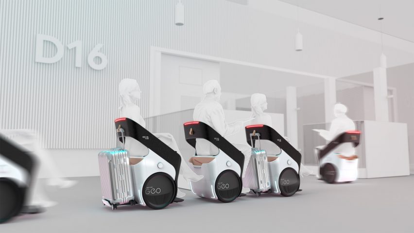 Render of people rolling up to security in personal electric vehicle