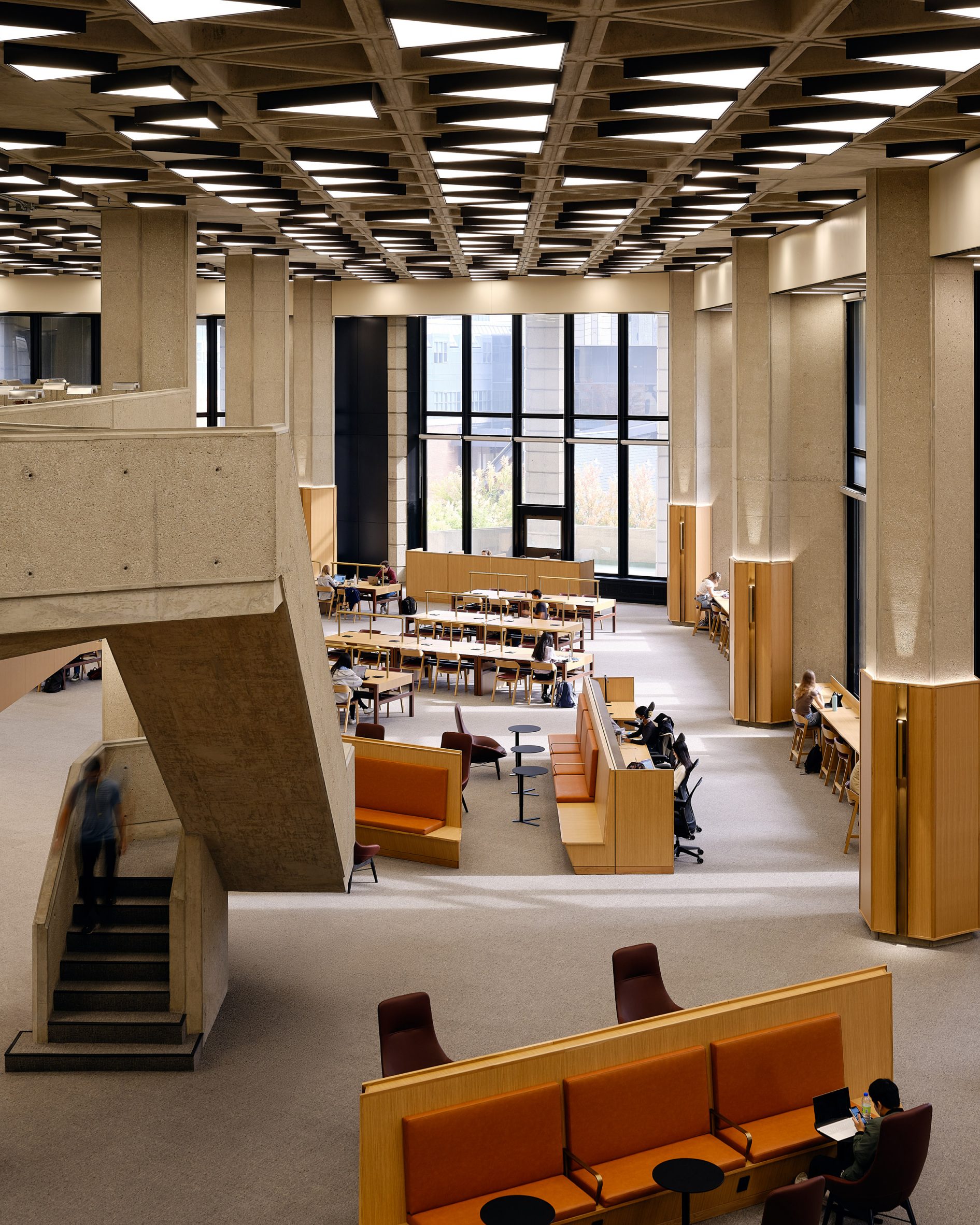 Brutalist concrete library interior