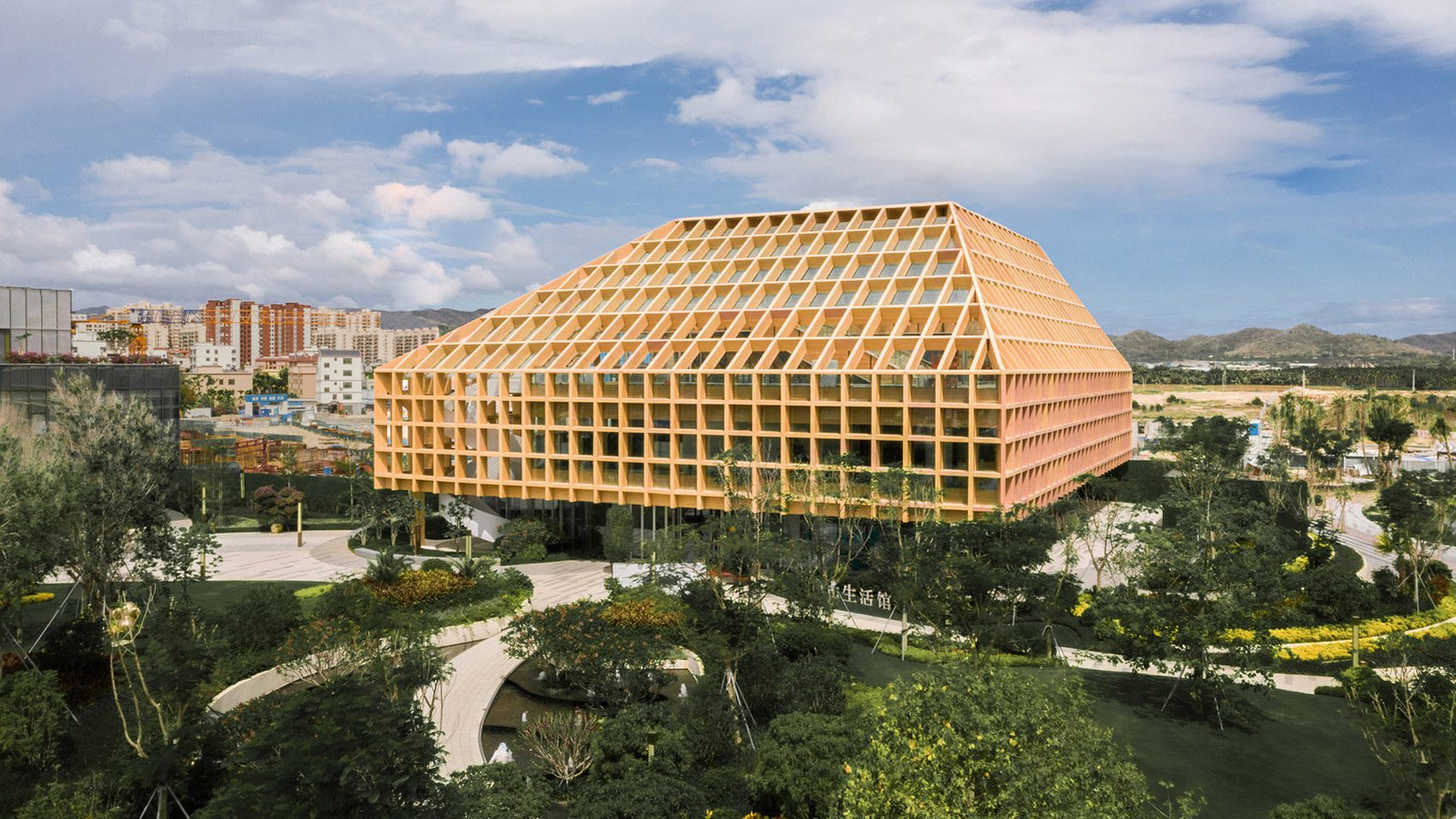 Wooden grid facade at Sanya Farm Lab by CLOU Architects