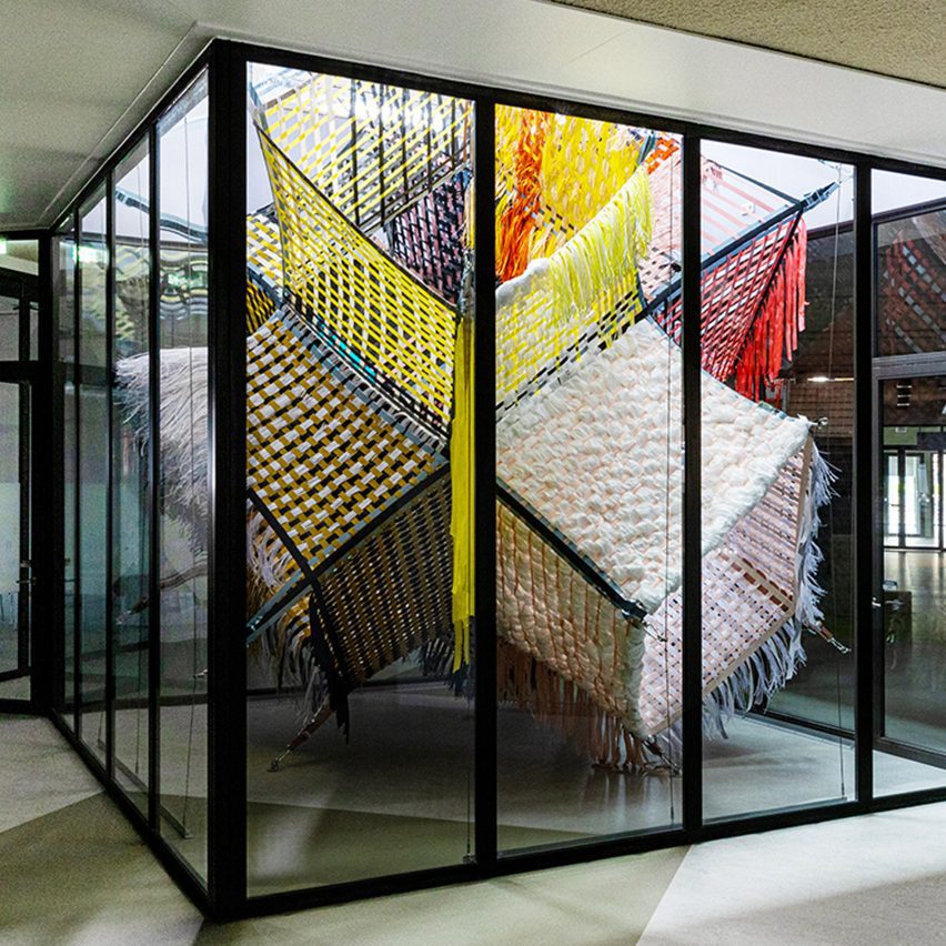 Loom Room woven installation in a glass atrium
