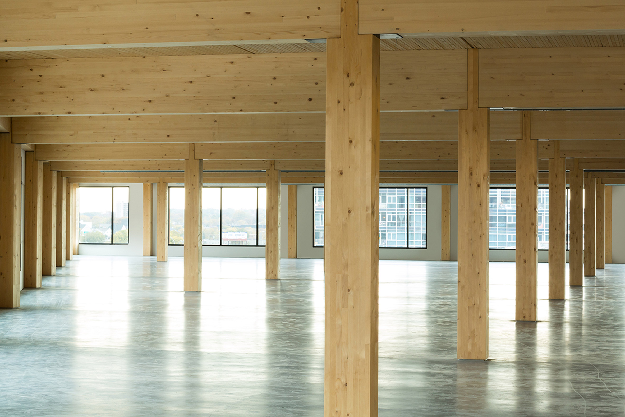 Interior of an empty office space with concrete floors and mass timber columns and beams