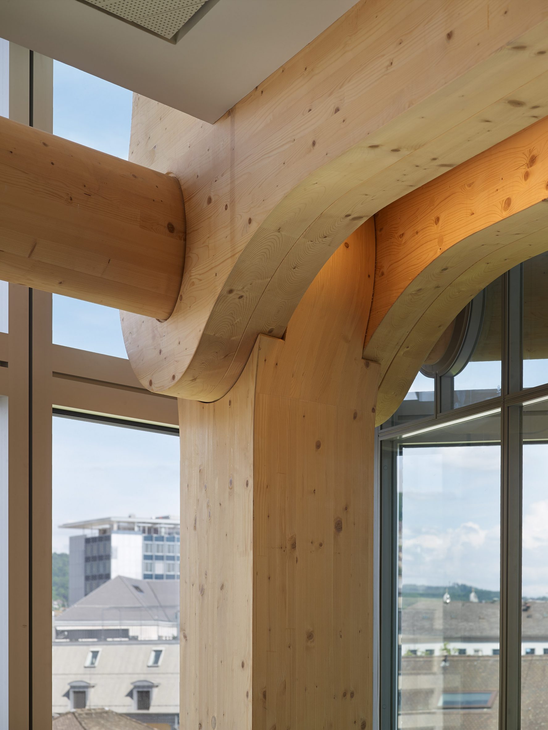 Joint of timber frame in Zurich office building by Shigeru Ban