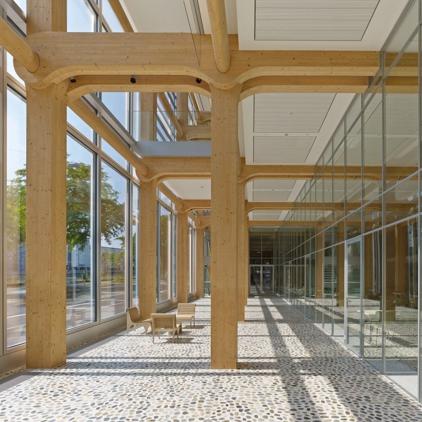 Columnas y vigas de madera a la vista en el edificio de oficinas de Tamedia