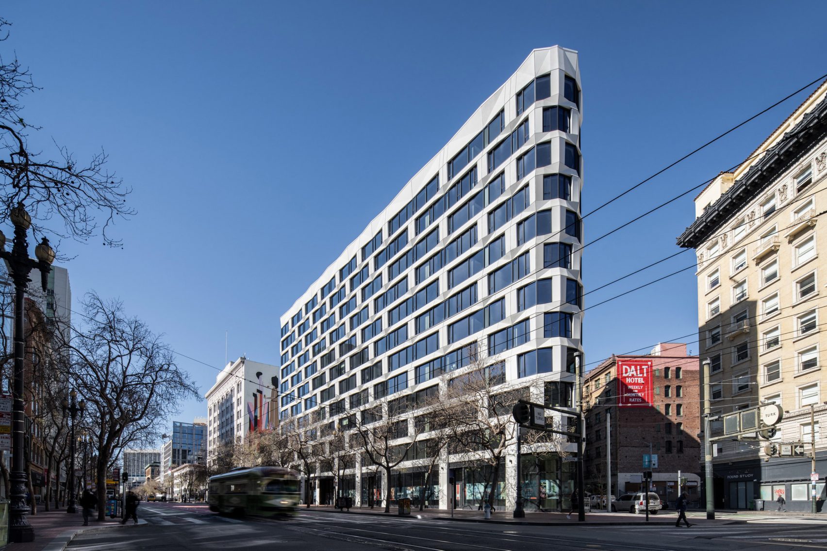 Faceted panels wrap Line Hotel and Serif building in San Francisco