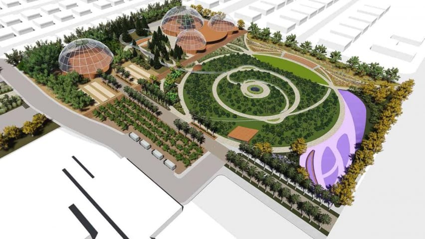 Render of an architectural landscape student project with a large circular garden