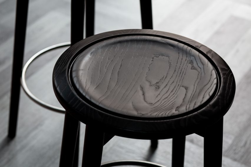 Detail of dark wood stool seat